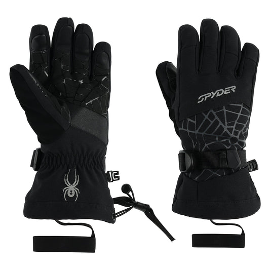 A pair of black Spyder kids' gloves with textured grip treatment and a visible logo on the backhand.