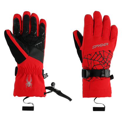 Red and black gloves with a visible brand logo on a white background