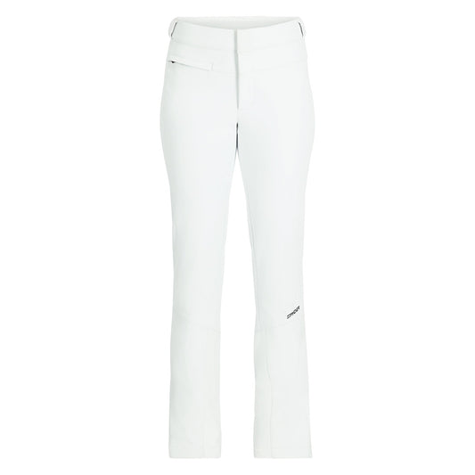 A pair of white, form-fitting women's softshell pants with a zipper pocket on the right thigh and subtle branding detail.