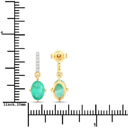 1.44 Ct Oval Green Zambian Emerald Diamond Prong 10K Gold Dangle Earrings