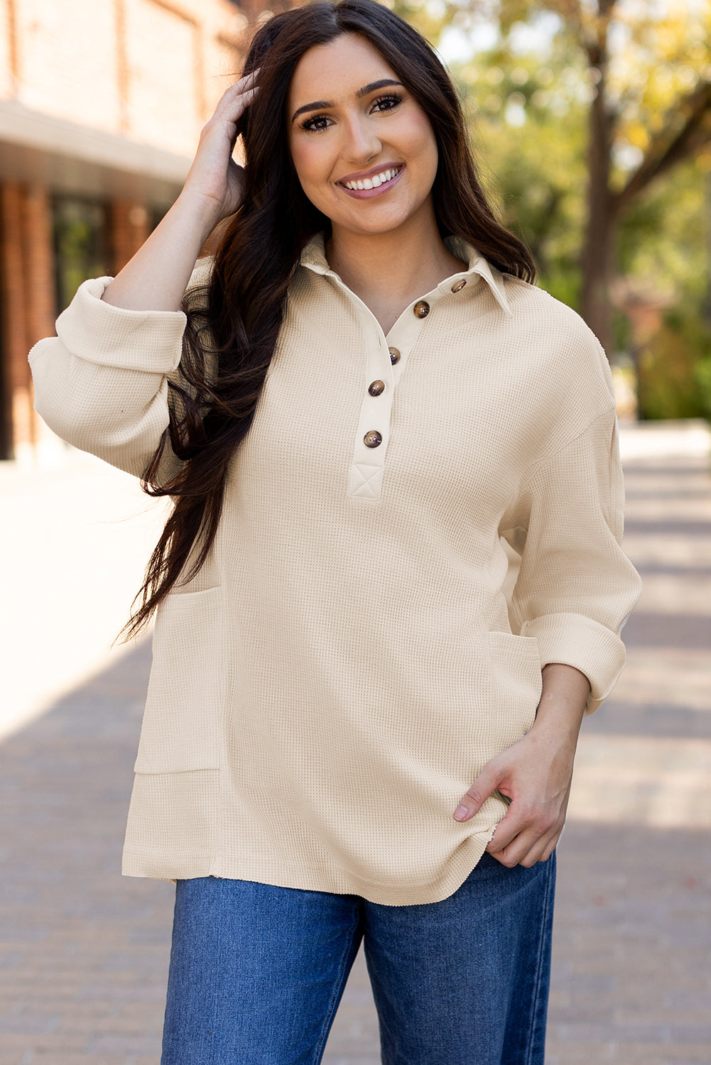 Threaded Pear Arianna Waffle Half Button Top.