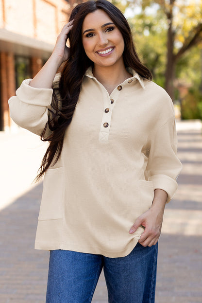 Arianna Waffle  Half Button Top. - Threaded Pear