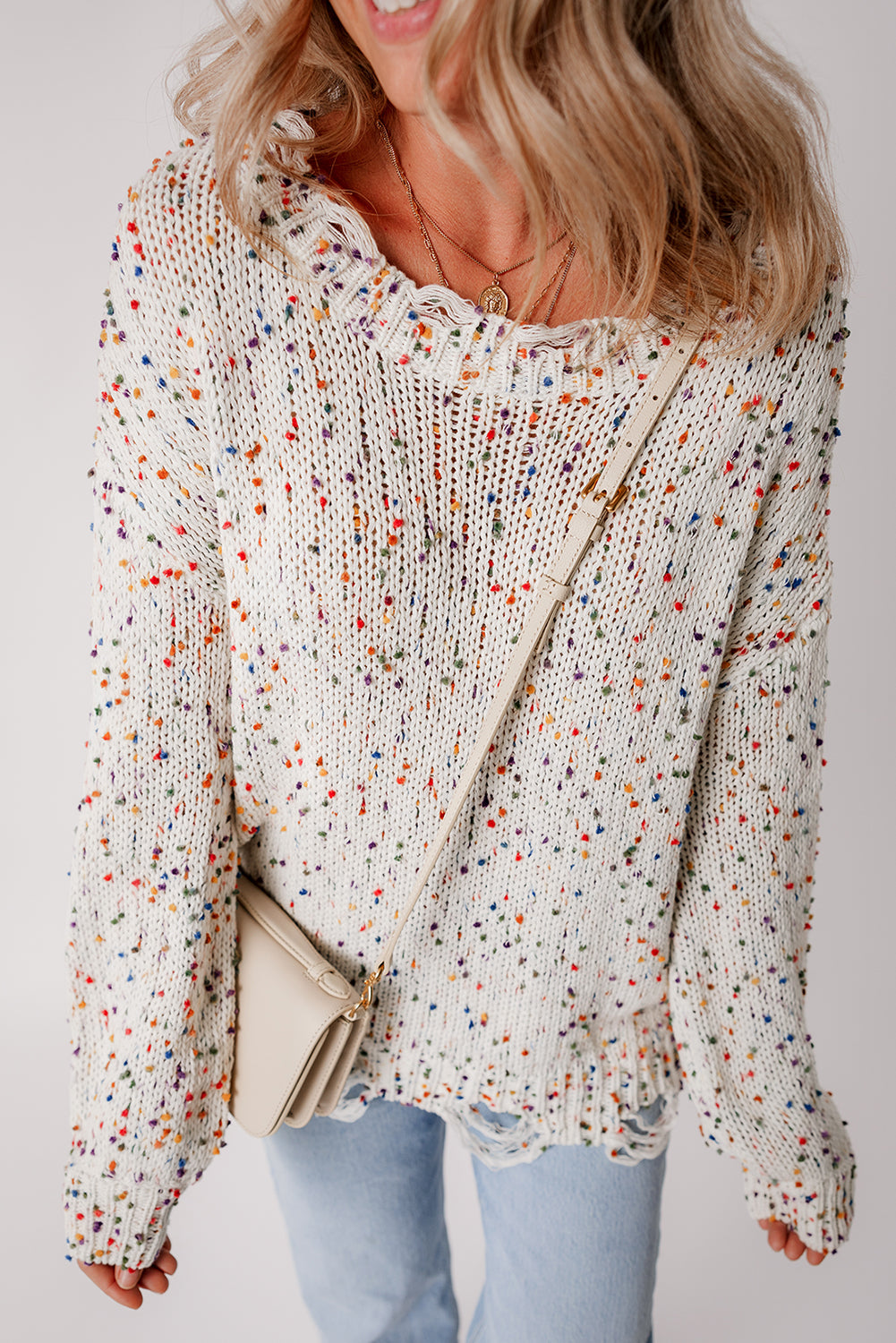 Threaded Pear Isabel Confetti Distressed Knit Sweater