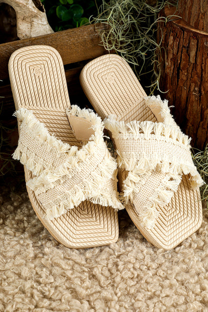 Threaded Pear Vada Tassel Woven Crossed Straps Flat Slippers