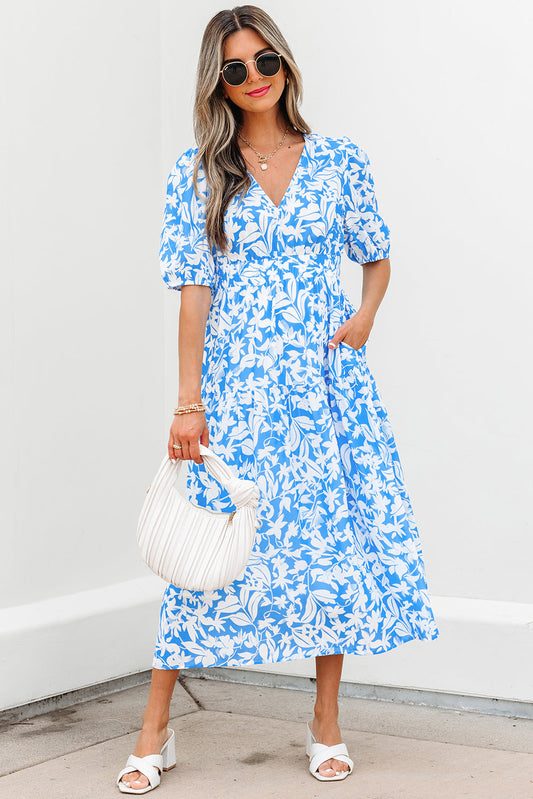 Threaded Pear Shannon Floral V Neck Long Dress
