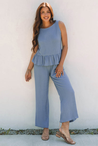 Threaded Pear Teresa Ribbed Ruffle Tank Top and Pants Set