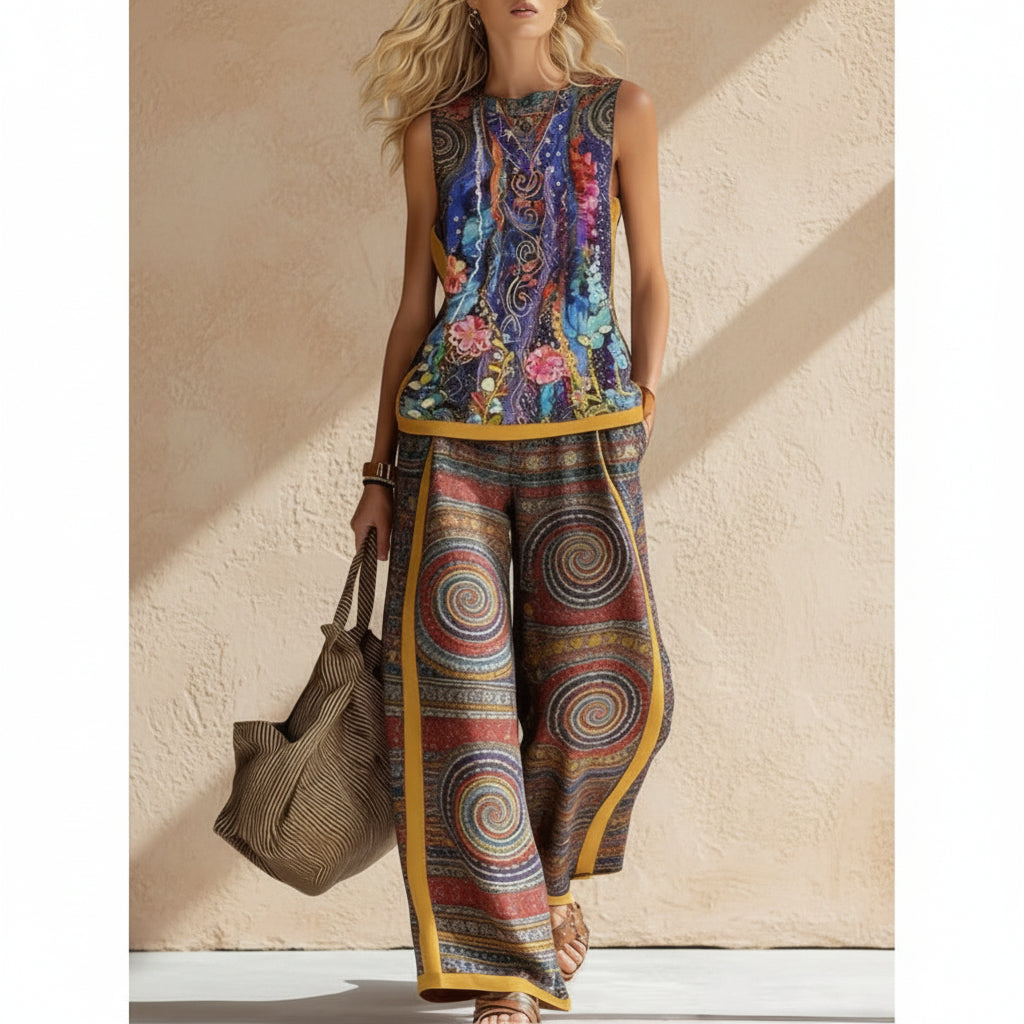 Printed Retro Sleeveless Top & Wide-Leg Pants Set | 12 Prints S–5XL
