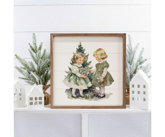 Kendrick Home Vintage Girls Christmas With Large Tree