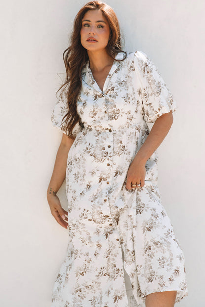 Threaded Pear Iliana Floral Puff Sleeve V Neck Buttoned Front Maxi Dress