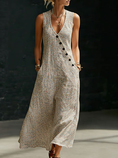 Women's V-Neck Diagonal Button Placket Cotton-Linen Shirt & Wide-Leg Pants Set