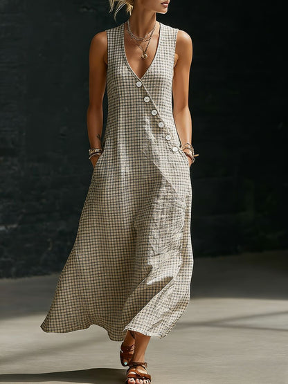 Women's V-Neck Diagonal Button Placket Cotton-Linen Shirt & Wide-Leg Pants Set