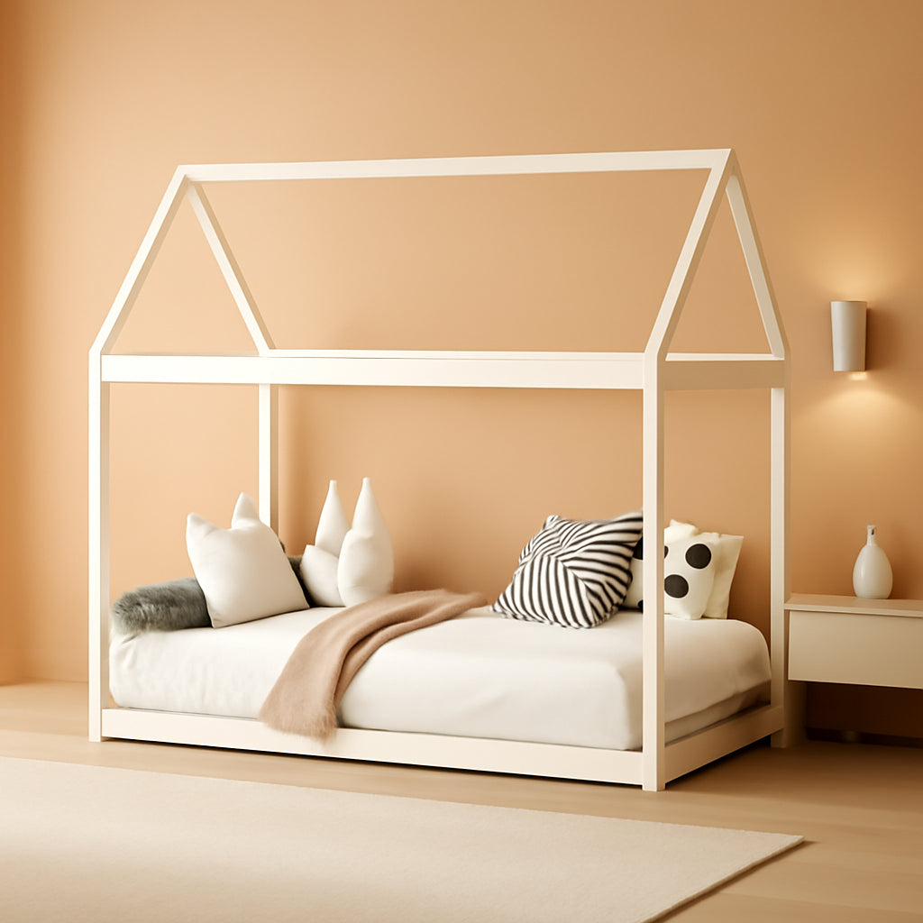 Twin House Bed, Wood Montessori Bed Frame with House Roof Canopy, Low Floor Bed with Sturdy Wood Slat Support, No Box Spring Needed, Twin Playhouse Bed for Kids Teens Boys Girls (White)