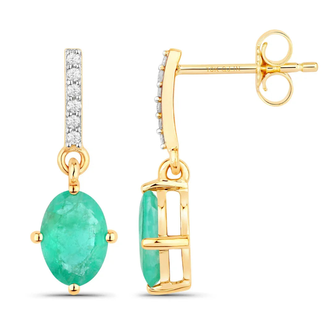 1.44 Ct Oval Green Zambian Emerald Diamond Prong 10K Gold Dangle Earrings