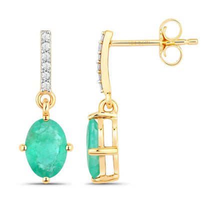 1.44 Ct Oval Green Zambian Emerald Diamond Prong 10K Gold Dangle Earrings