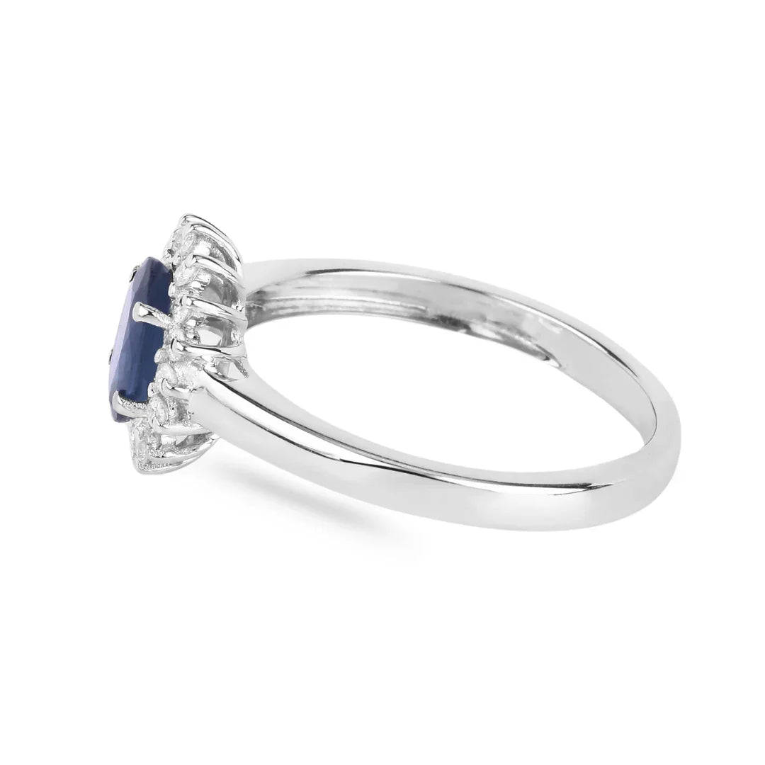 0.95 Ct Oval Blue Sapphire Diamond Prong 10k Gold Halo Ring