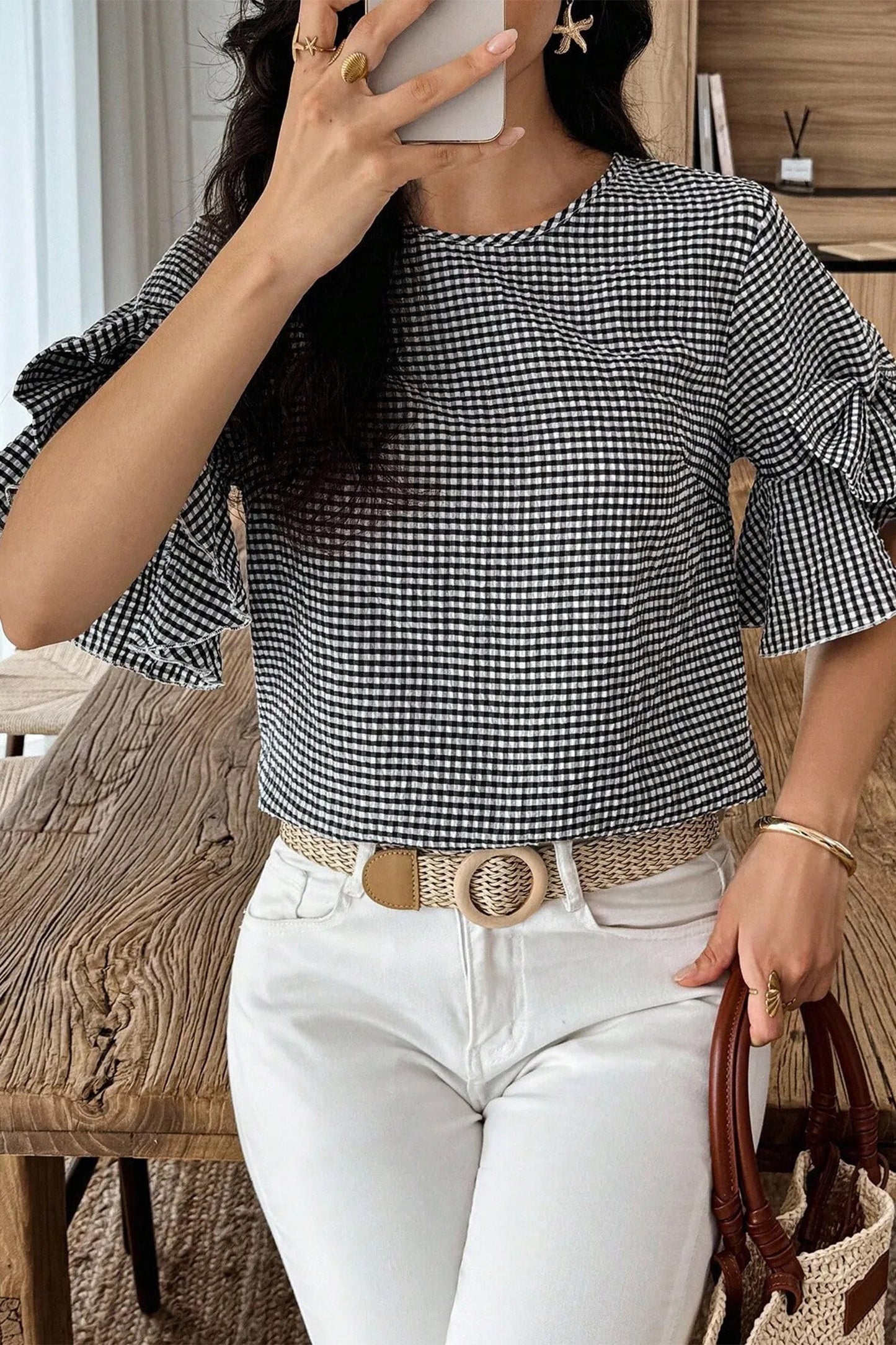 Threaded Pear Carolina Ruffled Half Sleeve Blouse