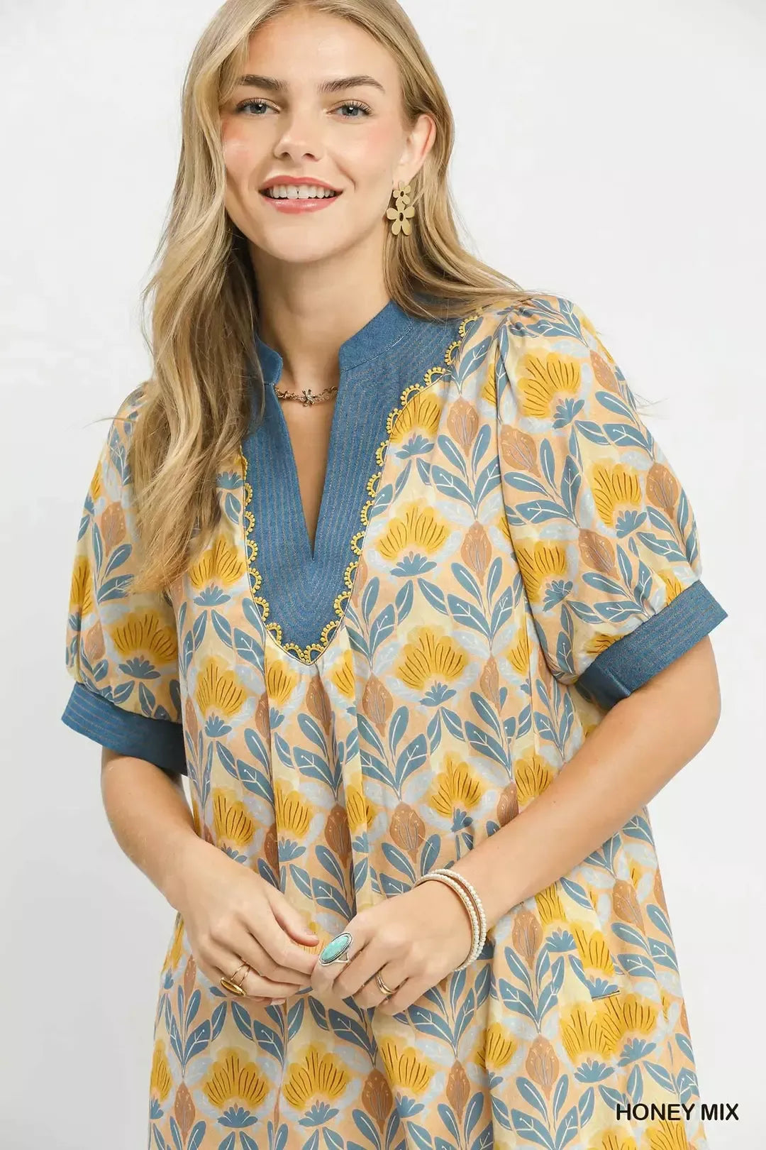 Umgee Mix Tile Print Mini Dress in Honey Mix