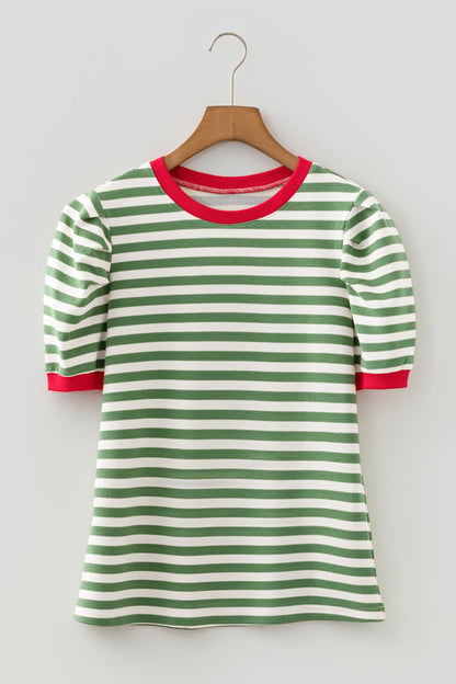 Kimberly Stripe Short Puff Sleeve Contrast Trim Round Neck Tee - Green