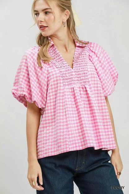 Umgee Smocked Yoke Puff Sleeve Gingham Blouse in Peony