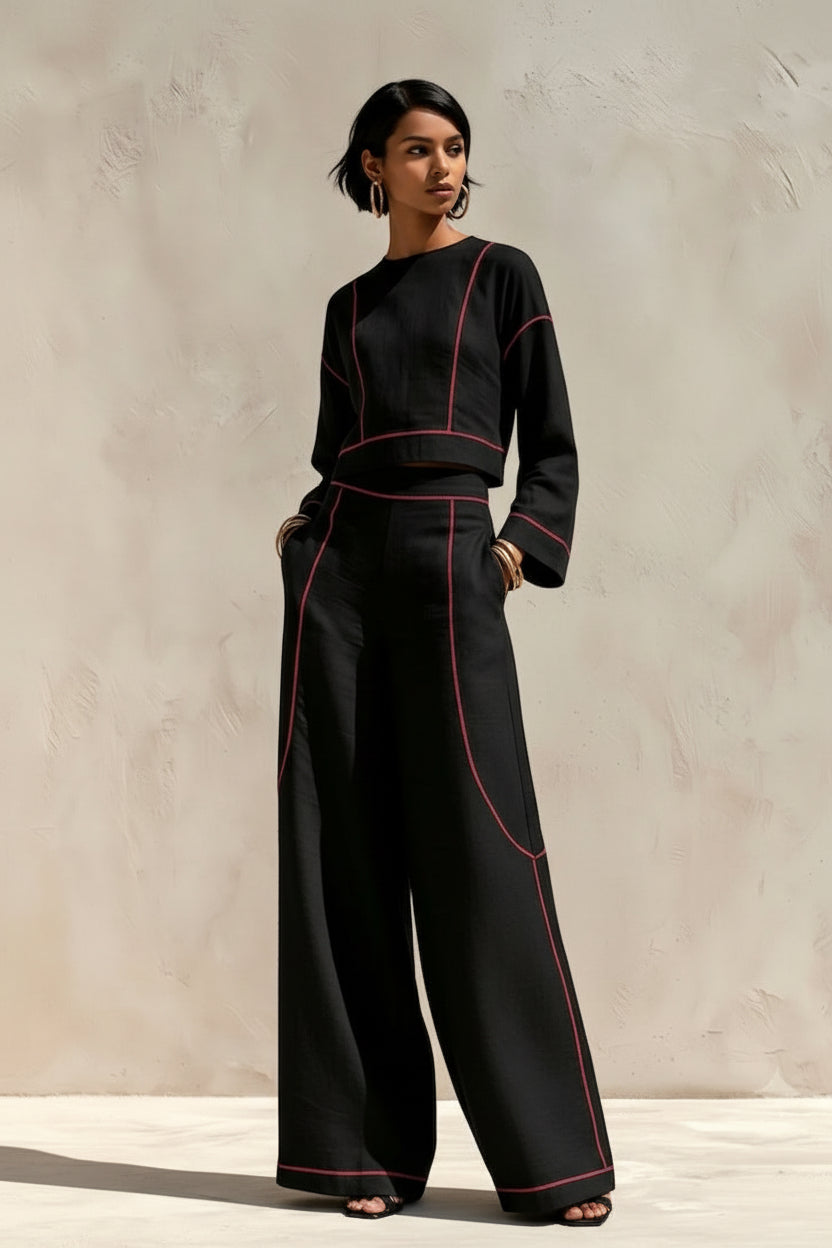 Women's Cropped Long-Sleeve Top & Ultra-Wide Palazzo Pants Set