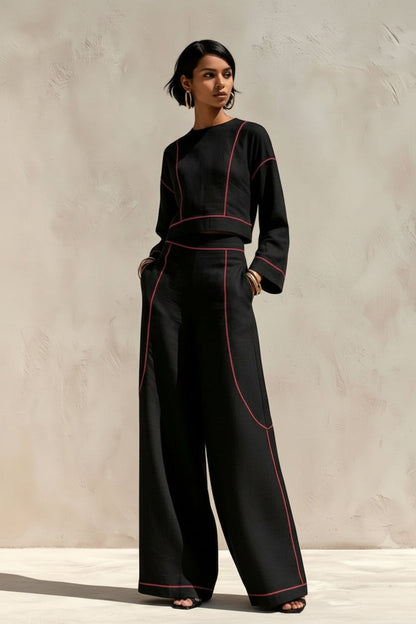 Women's Cropped Long-Sleeve Top & Ultra-Wide Palazzo Pants Set