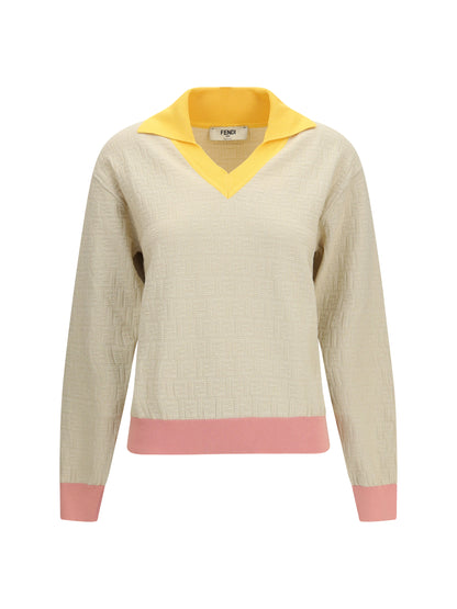 Cotton-Silk Sweater With FF Logo Ecru