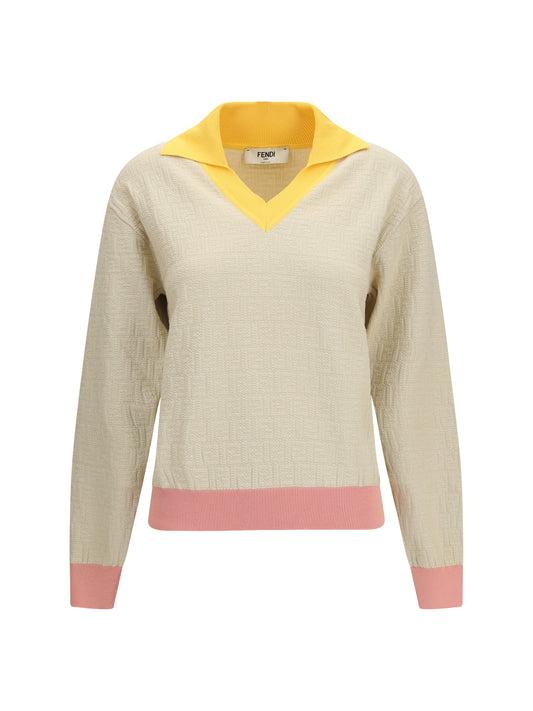 Cotton-Silk Sweater With FF Logo Ecru