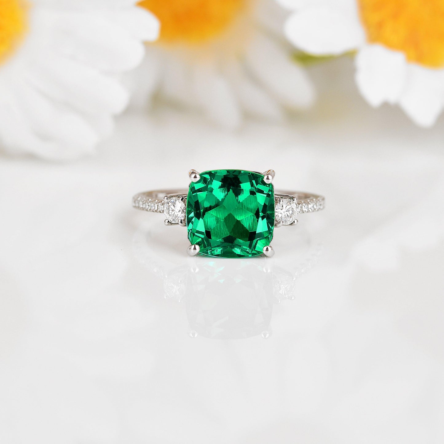 3.70 Ct Octagon Green Colombian Lab Created Emerald and Moissanite Prong Silver Three Stone Statement Ring