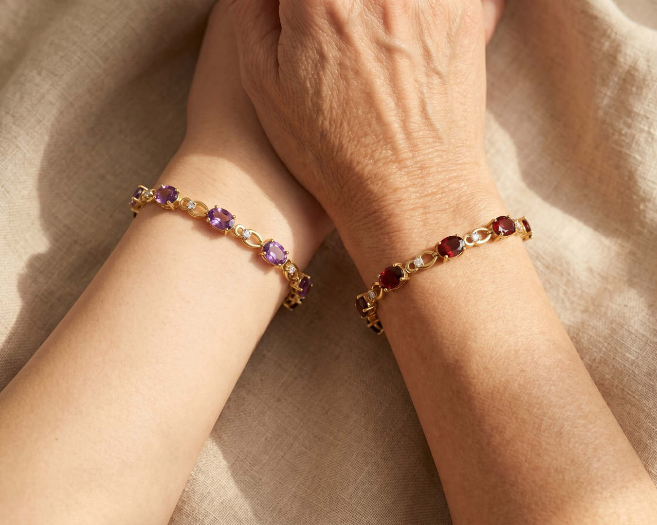 Oval Purple Amethyst & Diamond Prong 14K Yellow Gold Link Bracelet