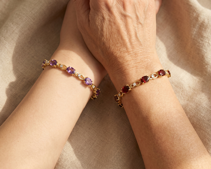 Oval Purple Amethyst & Diamond Prong 14K Yellow Gold Link Bracelet