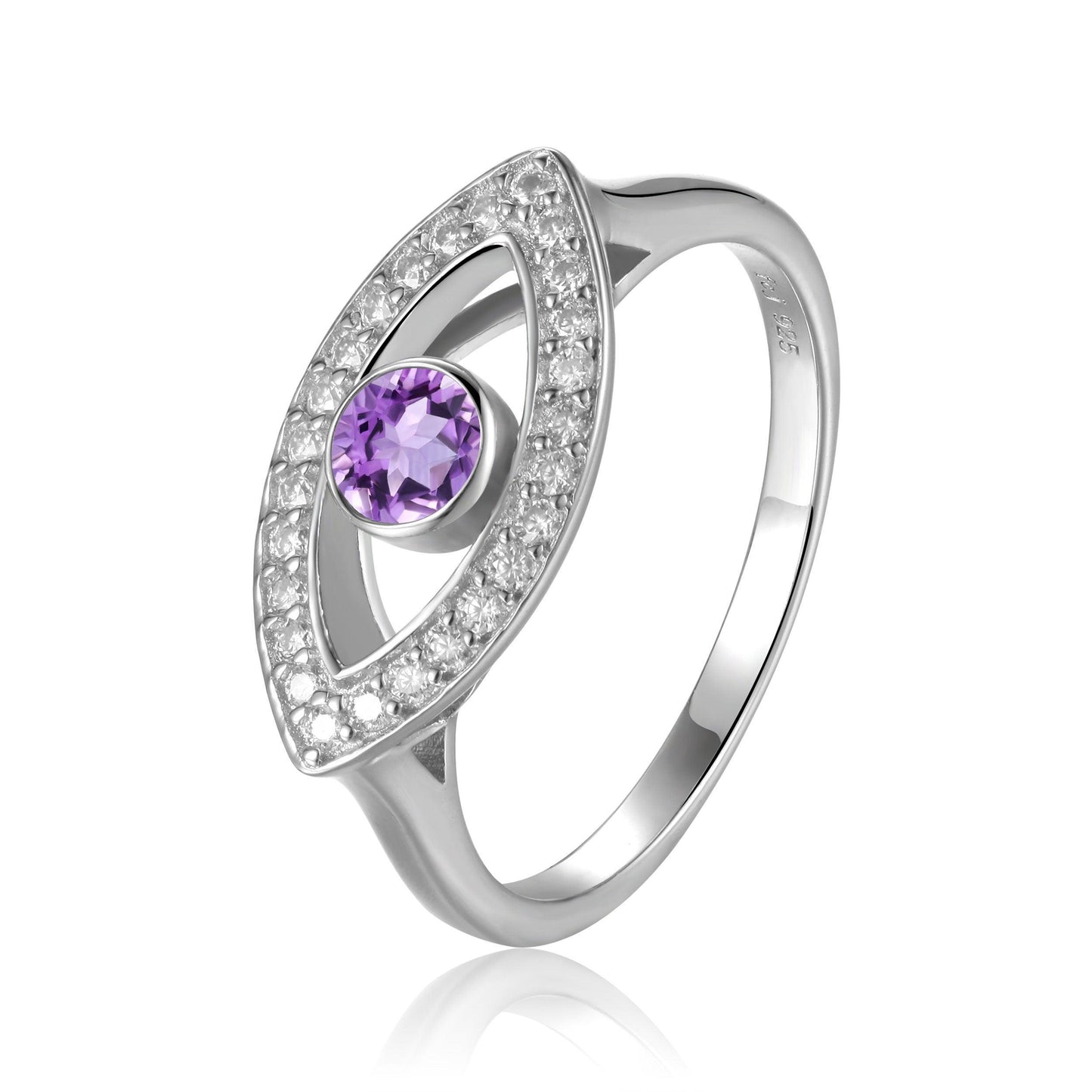 1.3 Ct Round Purple Amethyst Bezel Silver Evil Eye Ring