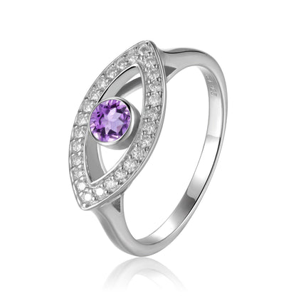 1.3 Ct Round Purple Amethyst Bezel Silver Evil Eye Ring