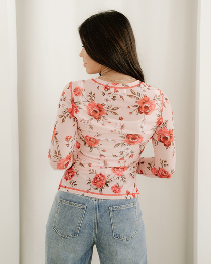 Rose Semi Sheer Crew Neck Long Sleeve Mesh Layering Top