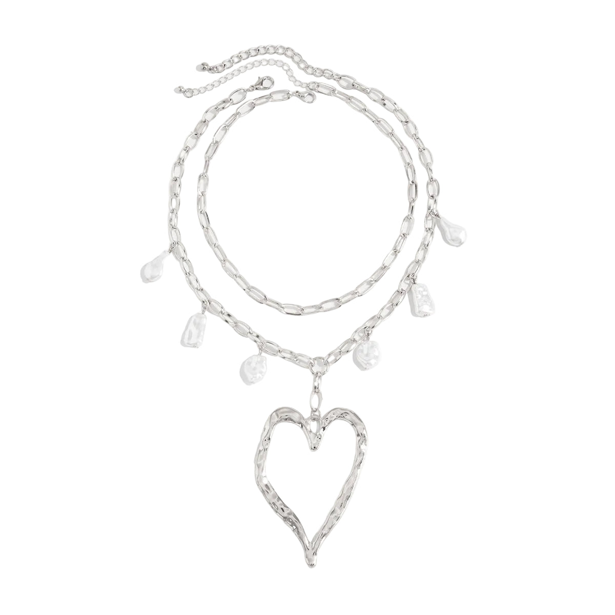 Pearl & Silvertone Open Heart Pendant Statement Necklace