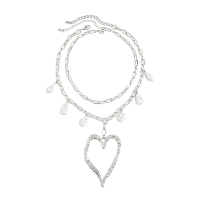 Pearl & Silvertone Open Heart Pendant Statement Necklace