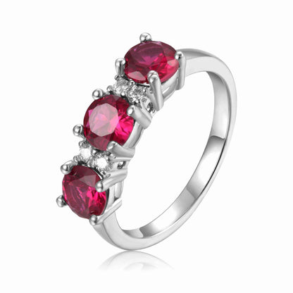 1.7 Ct Round Red Lab Created Ruby Prong Silver Three Stone Ring