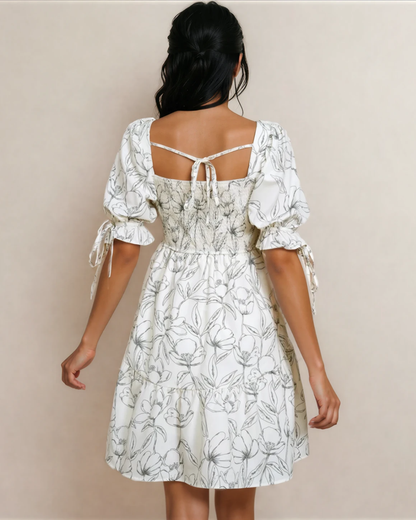 Cleo Square Neck Shirred Back Puff Sleeve Mini Dress