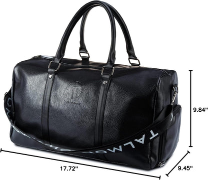 17.7 inch Gym Duffle Leather Bag with Shoe Compartment for Sports Travel - Adjustable Shoulder Strap, Weekender Travel Overnight Bag for Men