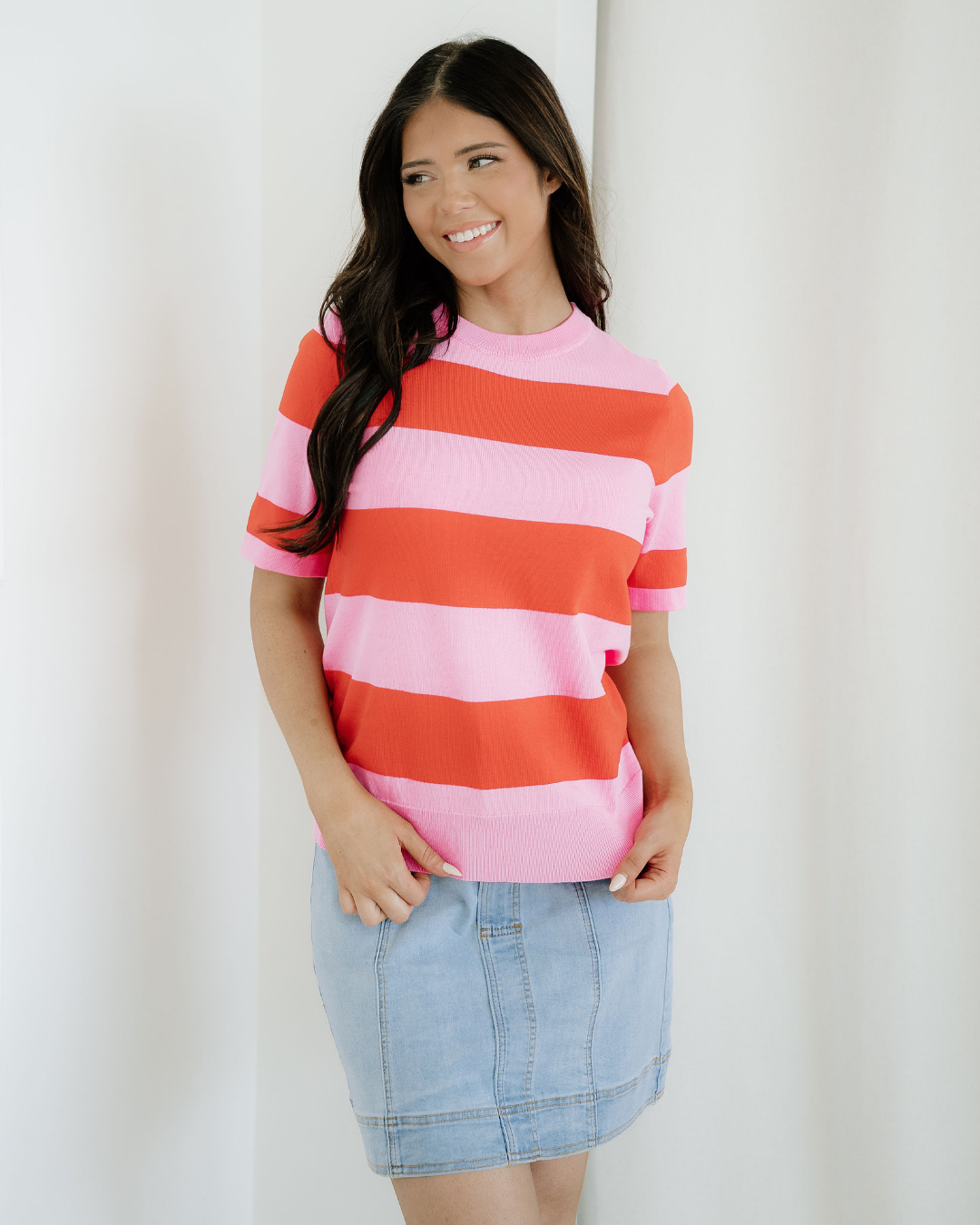 Striped Knitted Sweater Tee - Pink
