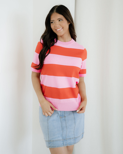 Striped Knitted Sweater Tee - Pink