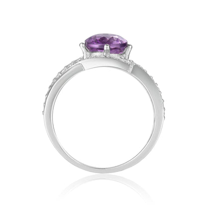 0.98 Ct Round Purple Amethyst and White Sapphire Prong Silver Cocktail Ring