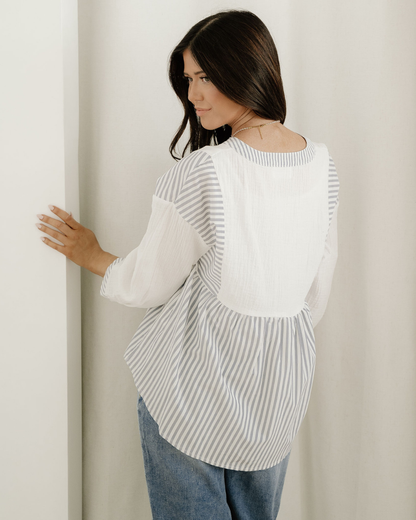 Morgan Half Button Gauze Patchwork Bracelet Sleeve Babydoll Blouse