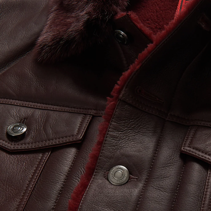 Men's Brown Shearling Real Sheepskin Leather Bomber Flying Trucker Leather Jacket