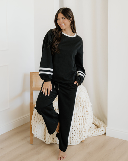 Jordyn Varsity Stripe  Drawstring Wide Leg Pant Set - Black