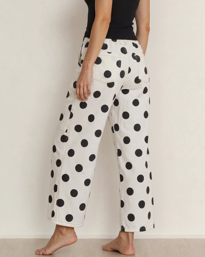 Polka Dot Print Bow Detail Pocketed Jeans