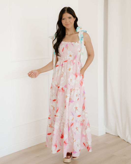 Sunshine Floral Print Knotted Shoulder Smocked Maxi Dress