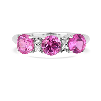 1.65 Ct Round Pink Sapphire Prong Silver Three Stone Ring