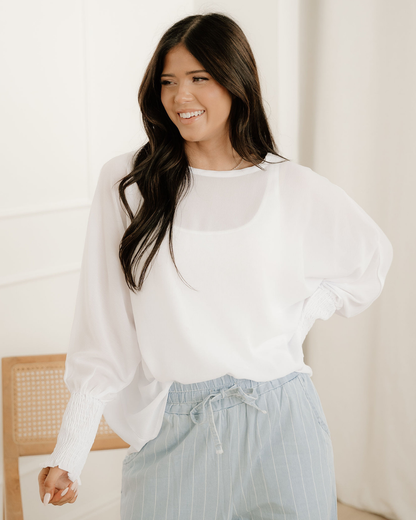Marley Smocked Cuffs Semi Sheer Long Sleeve Dolman Blouse