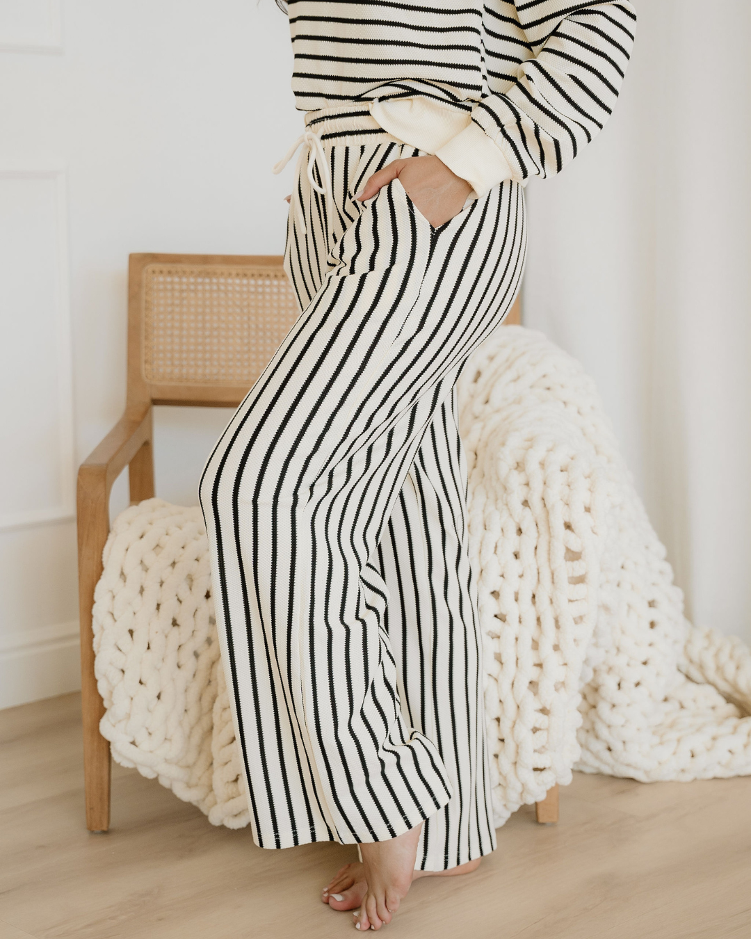 Talia Stripe Ruffle Trim Drop Shoulder Top Drawstring Loose Pant Set