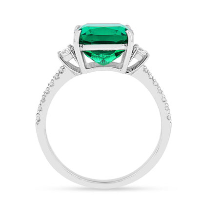 3.70 Ct Octagon Green Colombian Lab Created Emerald and Moissanite Prong Silver Three Stone Statement Ring